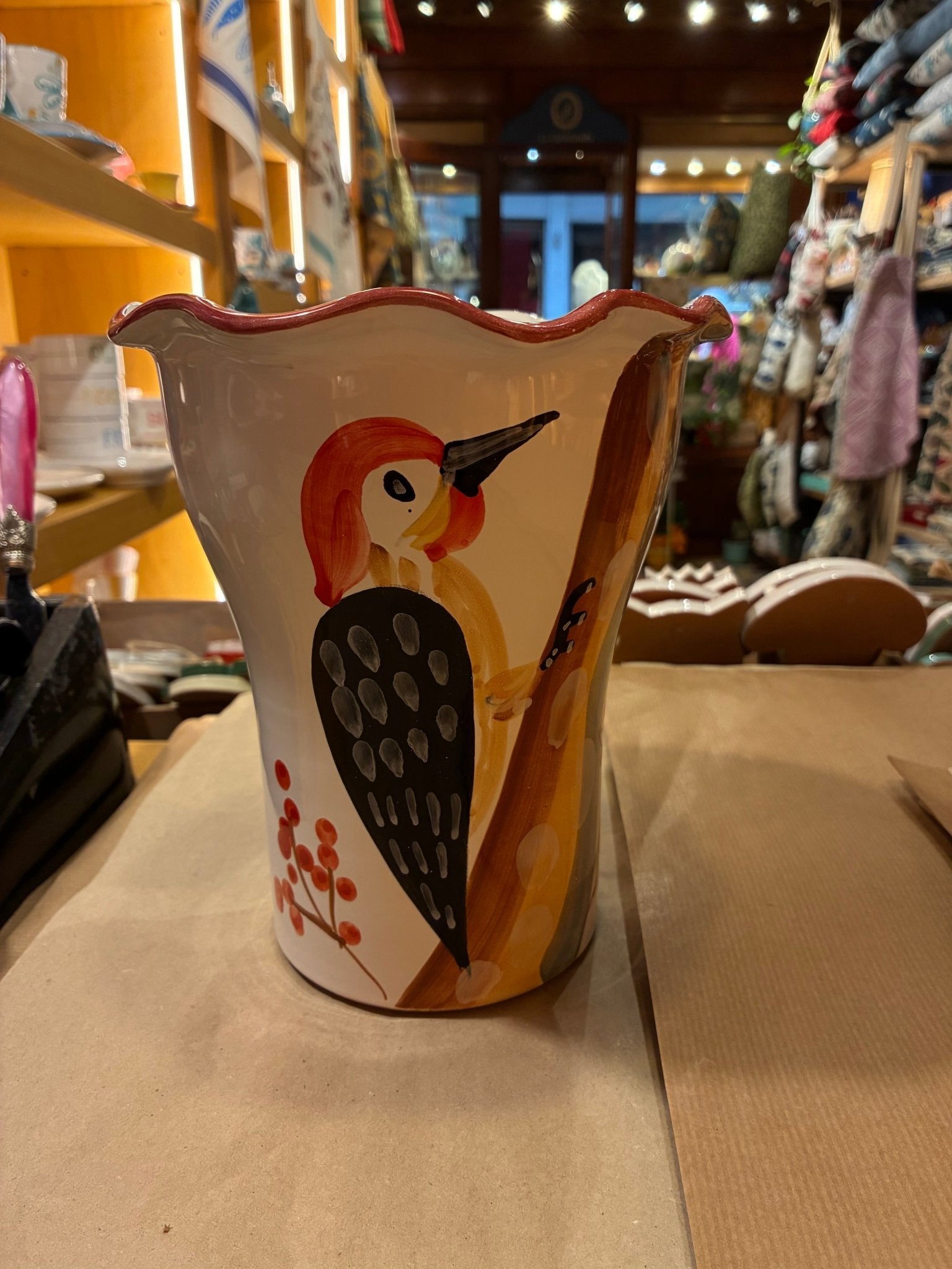 Vaso da fiori tornito a mano decoro Picchio - La Gabbianella Venezia